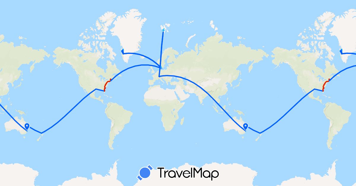 TravelMap itinerary: driving, bus, train, boat, fly, drive, walk, train in Australia, Switzerland, Denmark, Greenland, Liechtenstein, Norway, New Zealand, Thailand, United States (Asia, Europe, North America, Oceania)