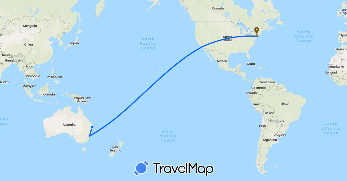 TravelMap itinerary: driving, fly, bus in Australia, United States (North America, Oceania)